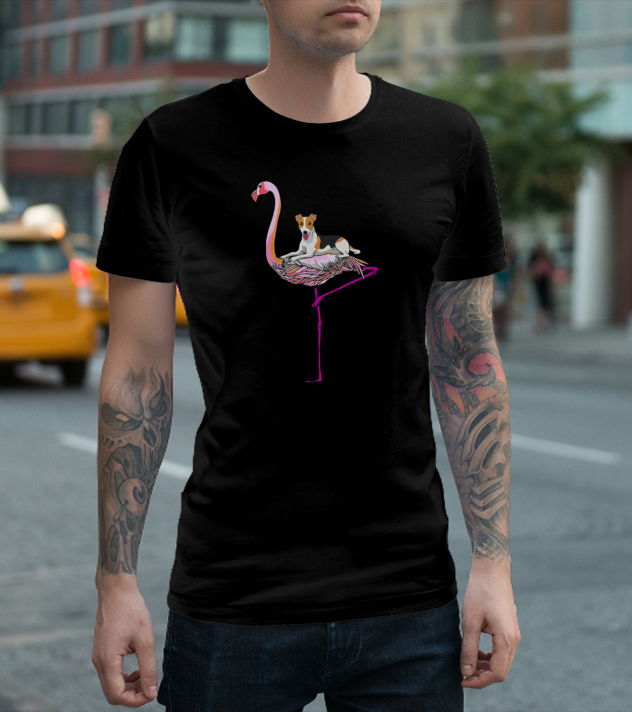 Jack Russell Terrier On Pink Flamingo Riding Adventure T-Shirt