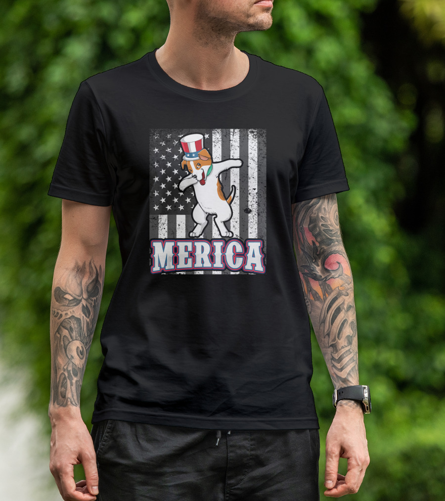 Merica Dabbing Jack Russell Terrier With Patriotic Hat And American Flag T-Shirt