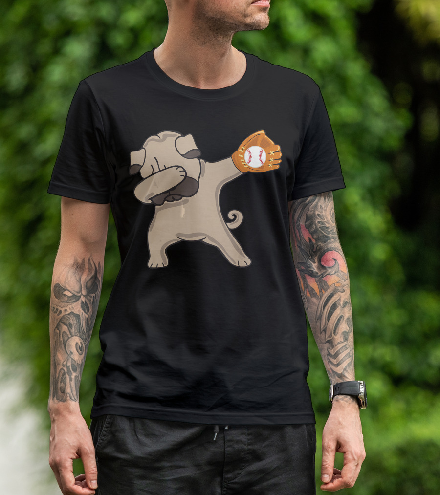 Dabbing Pug Dog With Baseball Glove Playful Catch T-Shirt