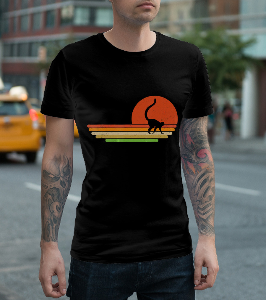Distressed Lemur Sunset Silhouette Retro Stripes T-Shirt