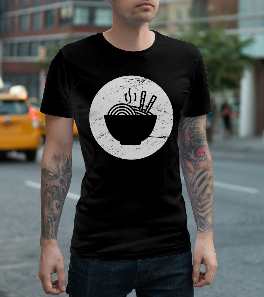 Distressed Ramen Bowl with Chopsticks and Steam Circle T-Shirt