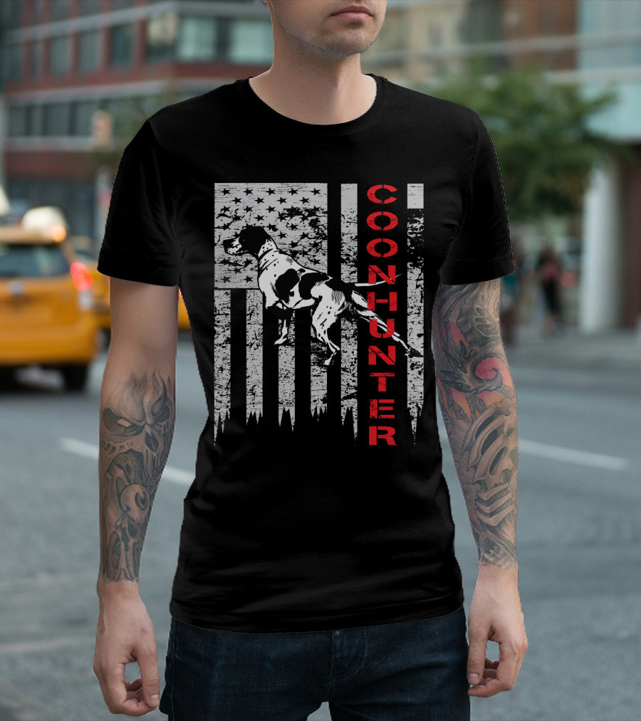 Coon Hunter Distressed USA Flag with Hunting Dog Image T-Shirt