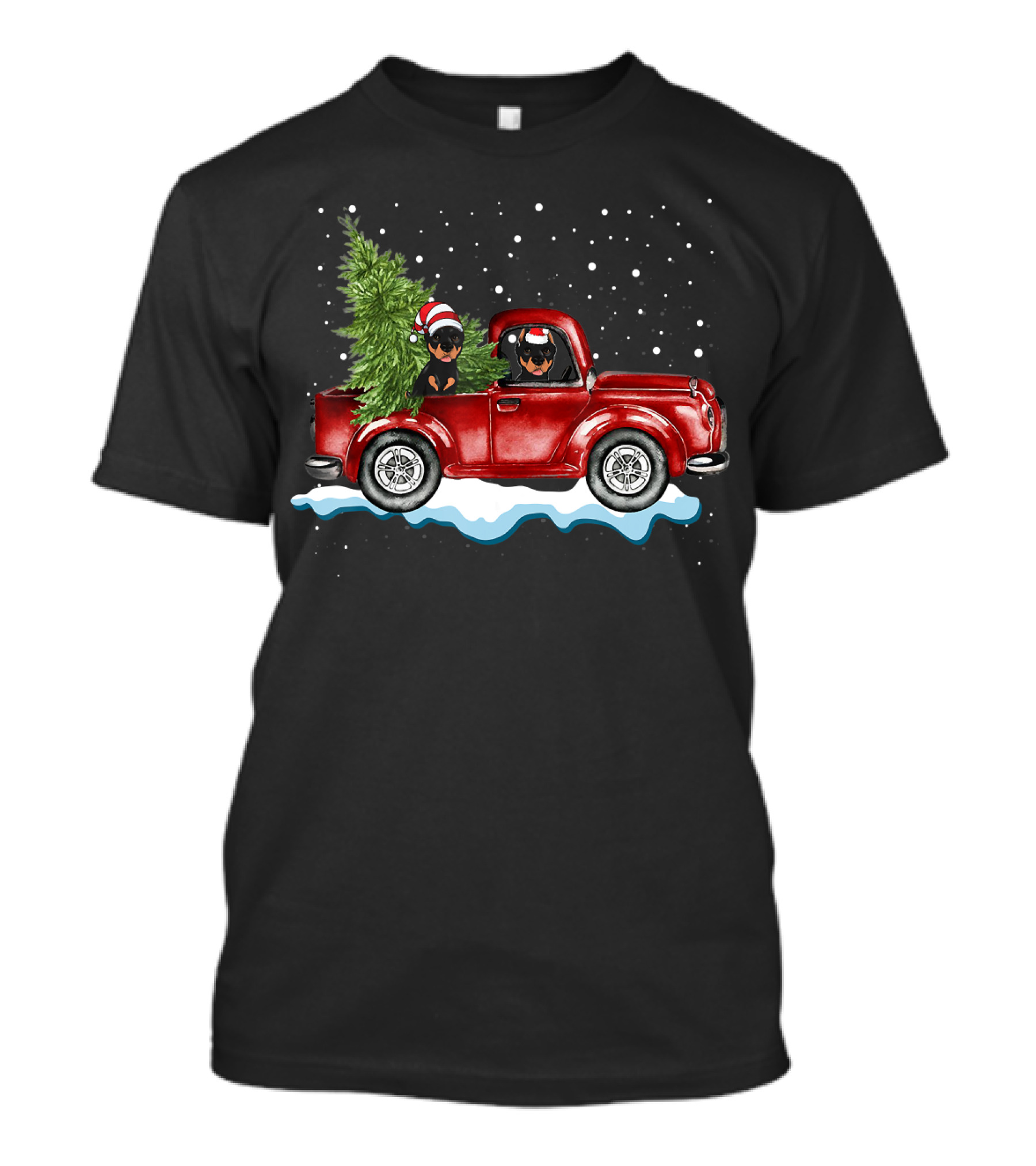Doberman Christmas Pickup Truck With Santa Hats And Tree T-Shirt