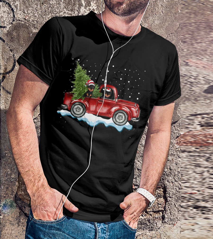 Doberman Christmas Pickup Truck With Santa Hats And Tree T-Shirt