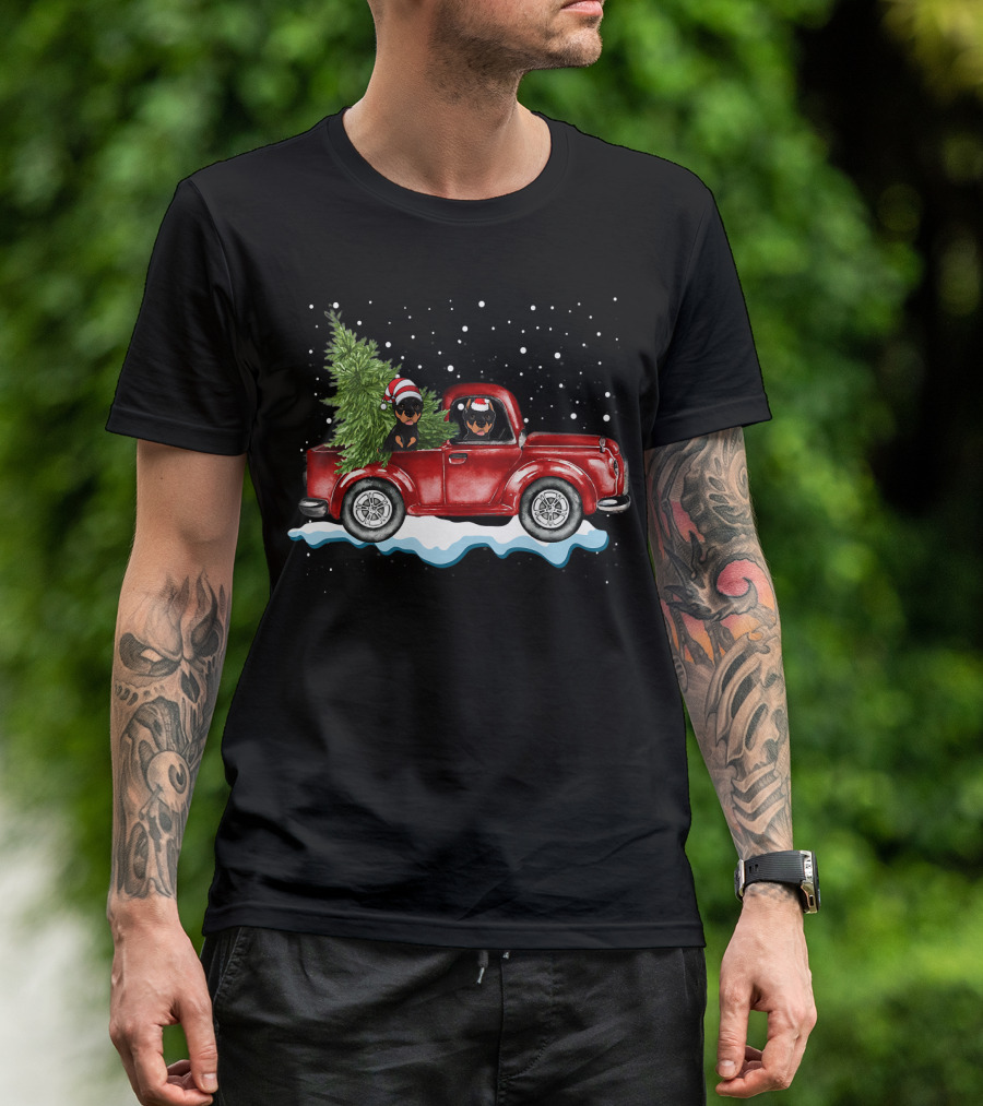 Doberman Christmas Pickup Truck With Santa Hats And Tree T-Shirt