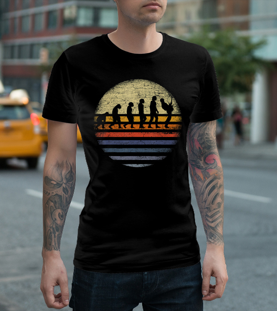 Evolution Of Man To Guitarist In Vintage Sunset Colors T-Shirt