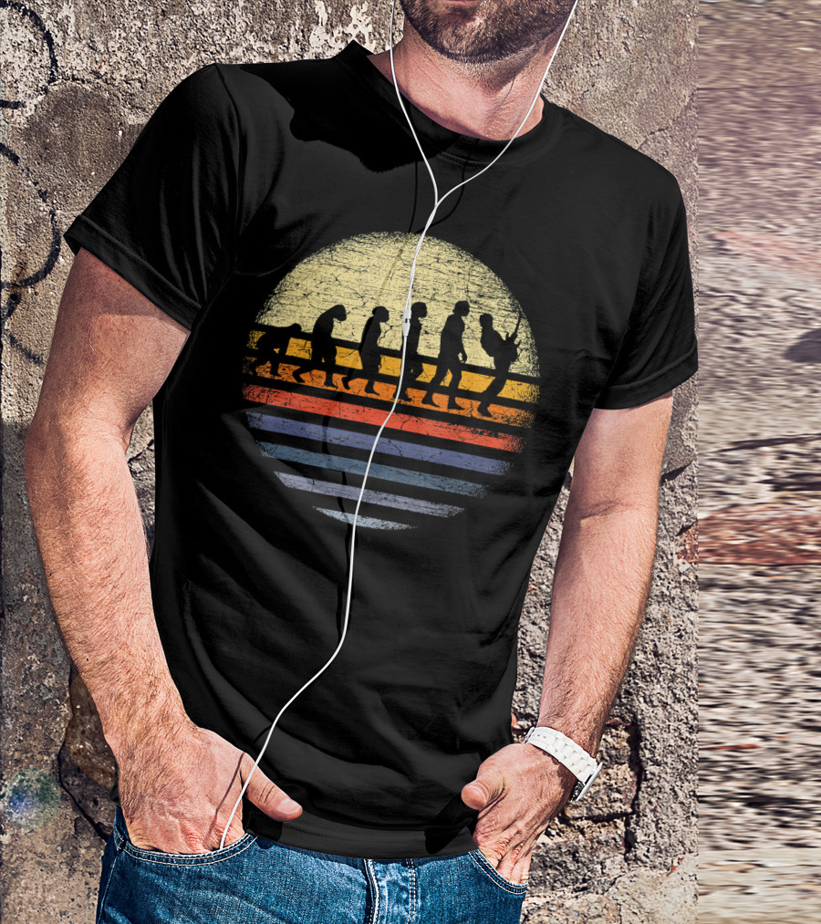 Evolution Of Man To Guitarist In Vintage Sunset Colors T-Shirt