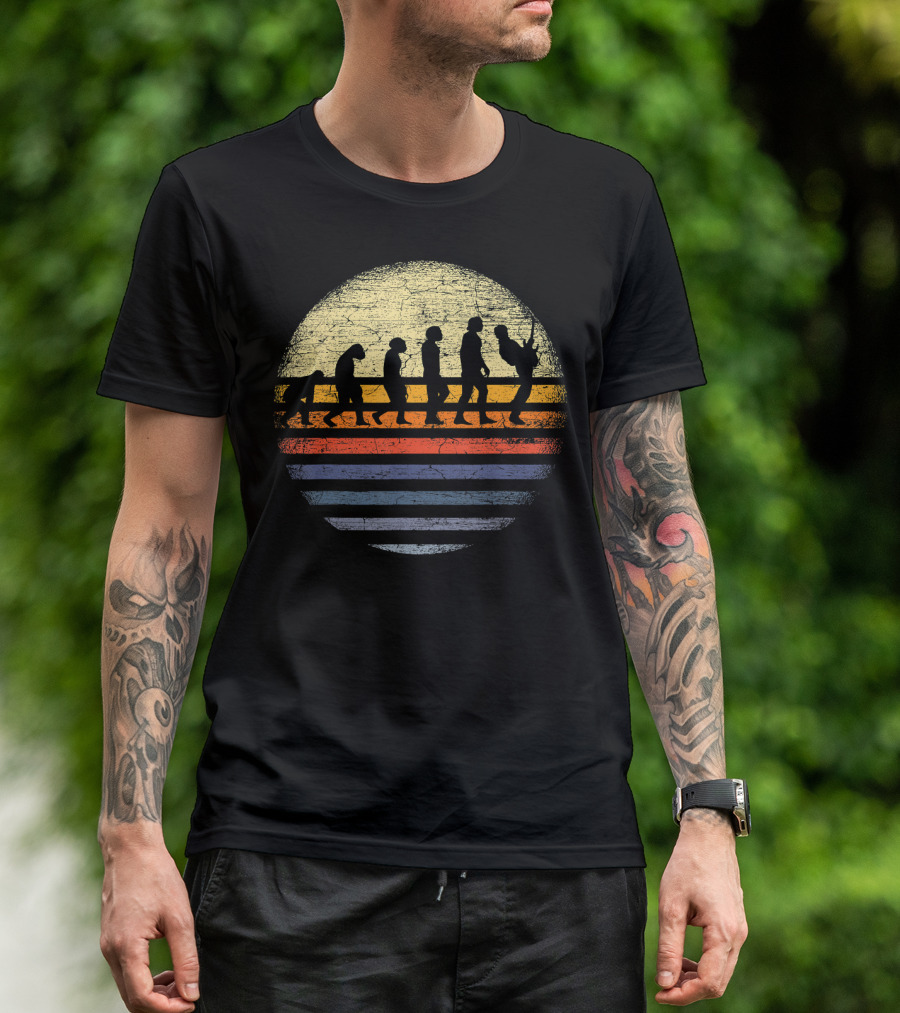Evolution Of Man To Guitarist In Vintage Sunset Colors T-Shirt