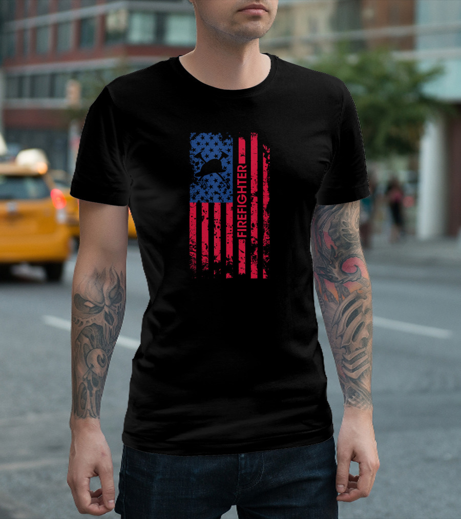 Firefighter American Flag Patriotic 4th of July Helmet Stars Stripes T-Shirt