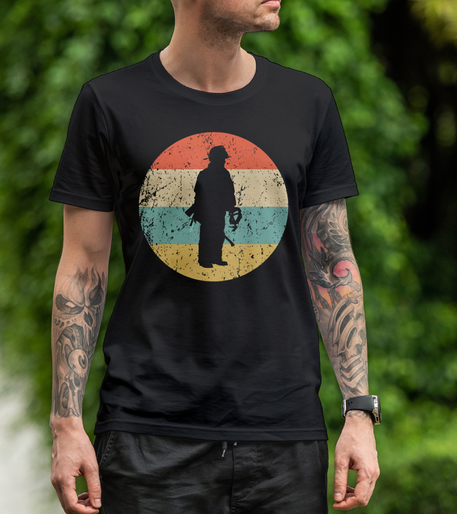 Fireman Silhouette Retro Firefighter Stripes T-Shirt