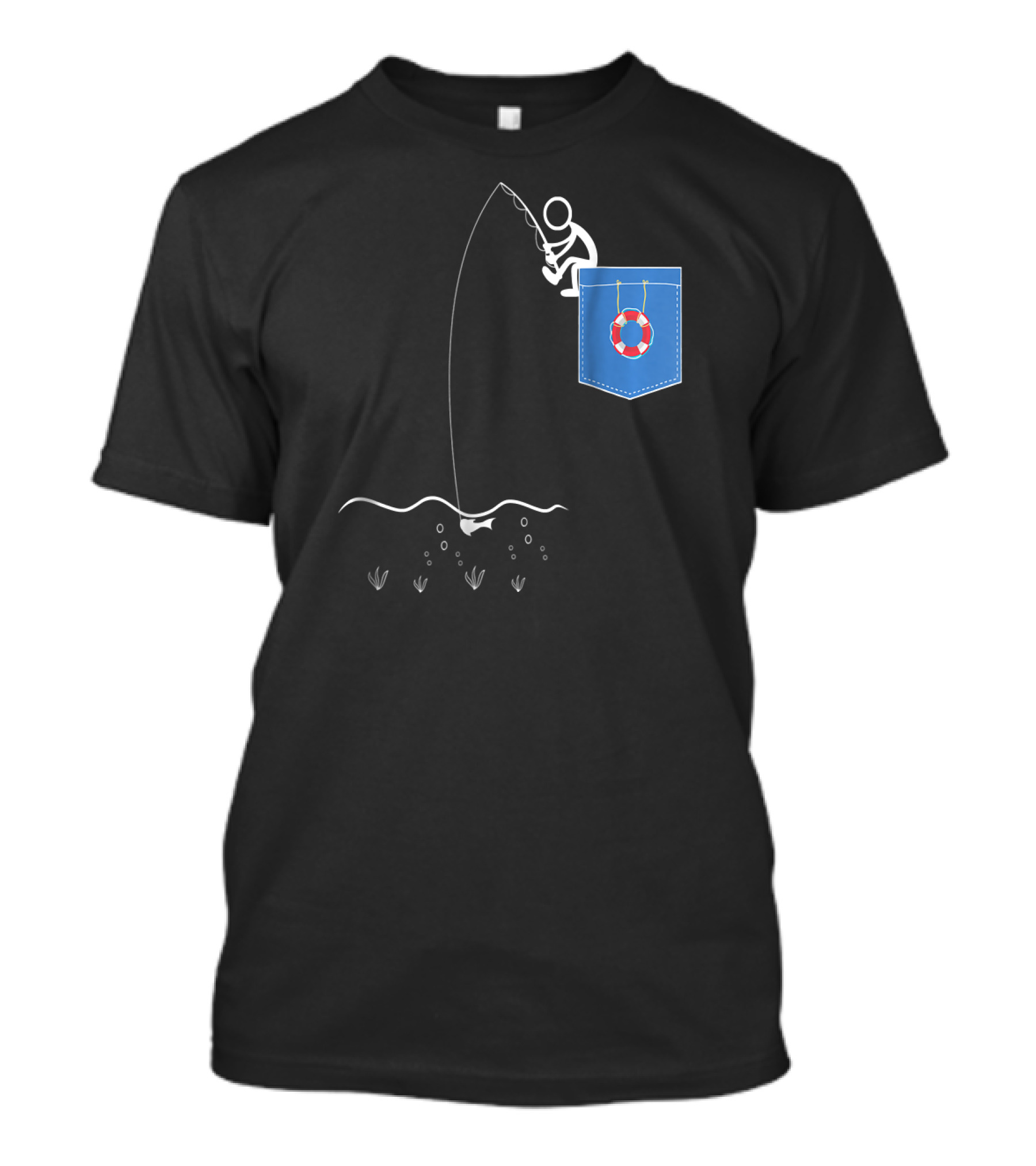 Avid Fishing On A Blue Pocket With Lifebuoy T-Shirt