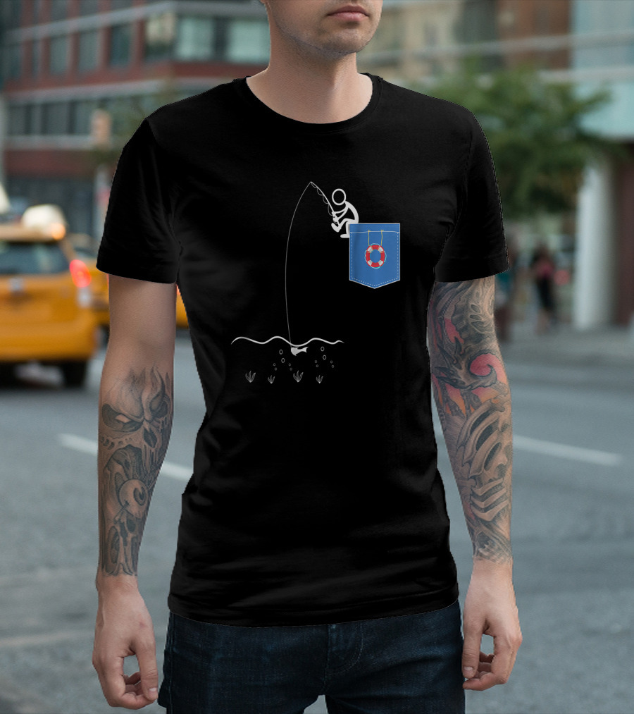 Avid Fishing On A Blue Pocket With Lifebuoy T-Shirt