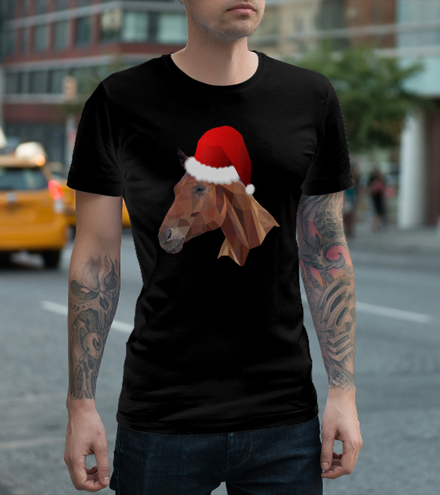 Geometric Horse With Santa Hat Funny Christmas T-Shirt