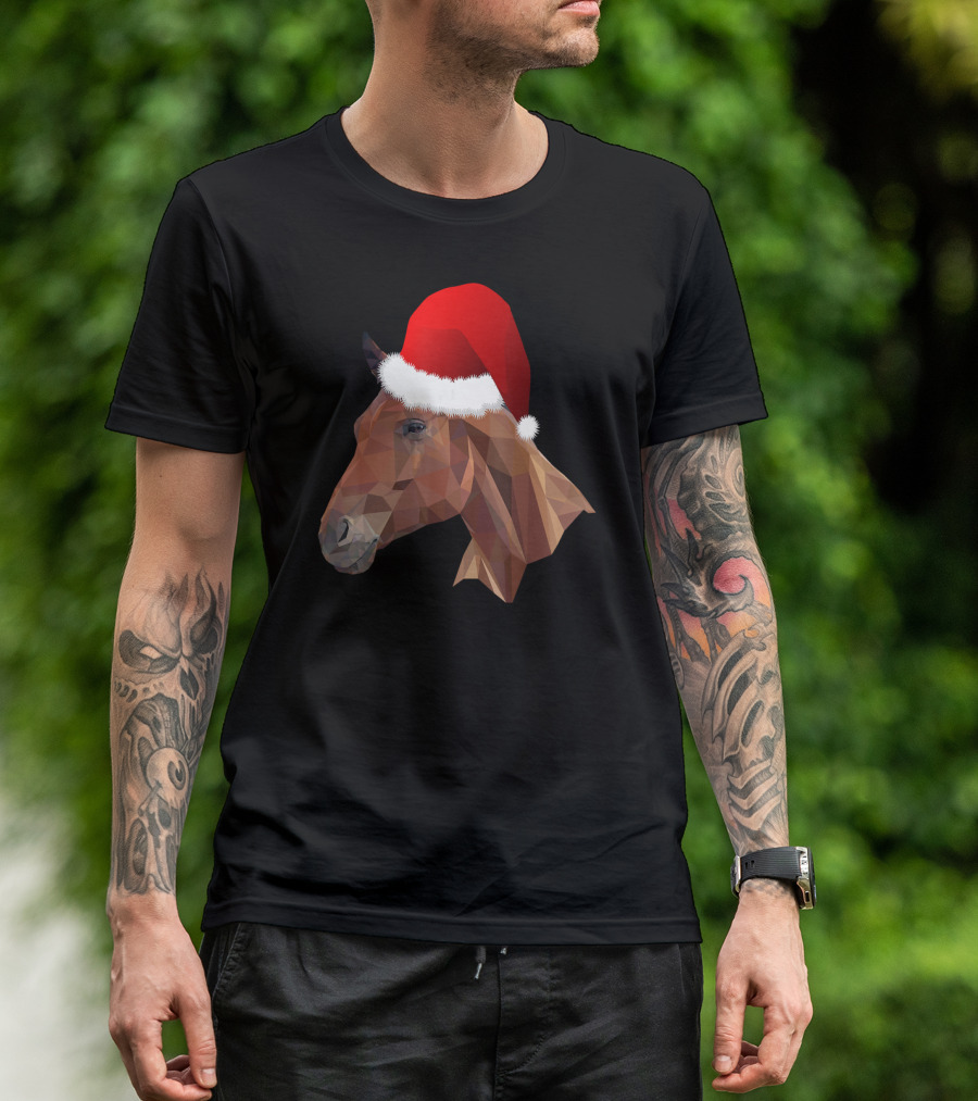 Geometric Horse With Santa Hat Funny Christmas T-Shirt
