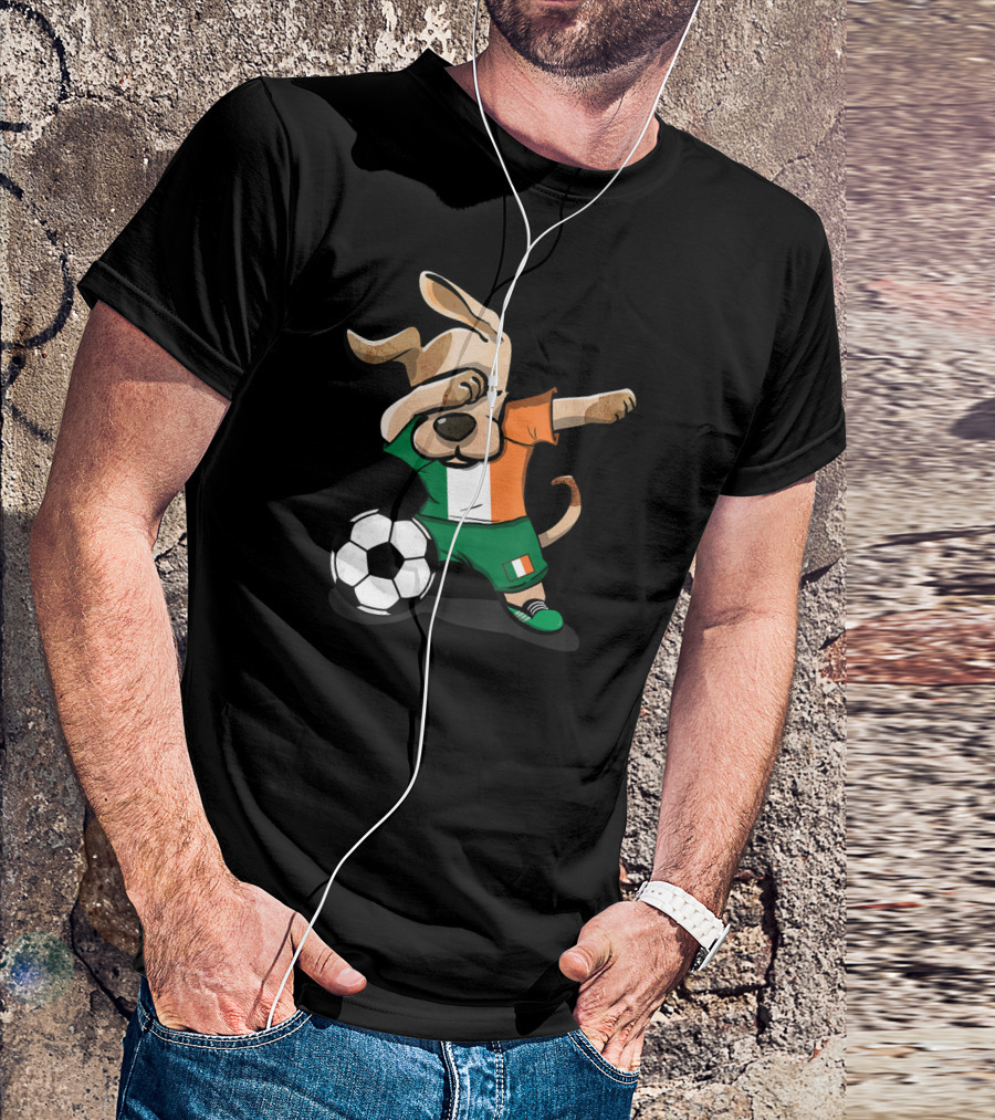 Funny Dabbing Dog With Ireland Soccer Jersey And Soccer Ball T-Shirt