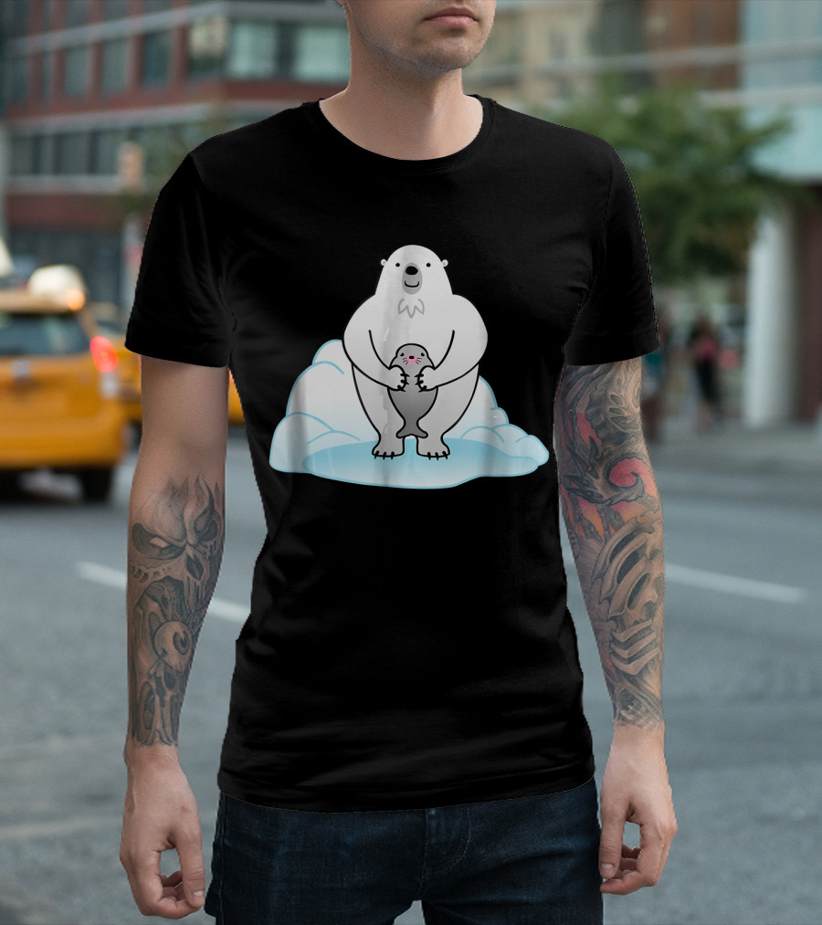 Funny Polar Bear Holding Adorable Seal on Ice Block T-Shirt