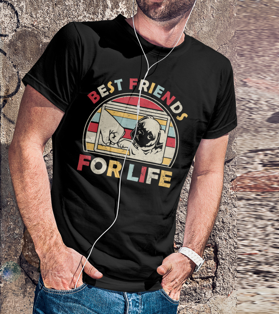 Best Friends For Life Pug Fist Bump Retro Vintage Stripes T-Shirt