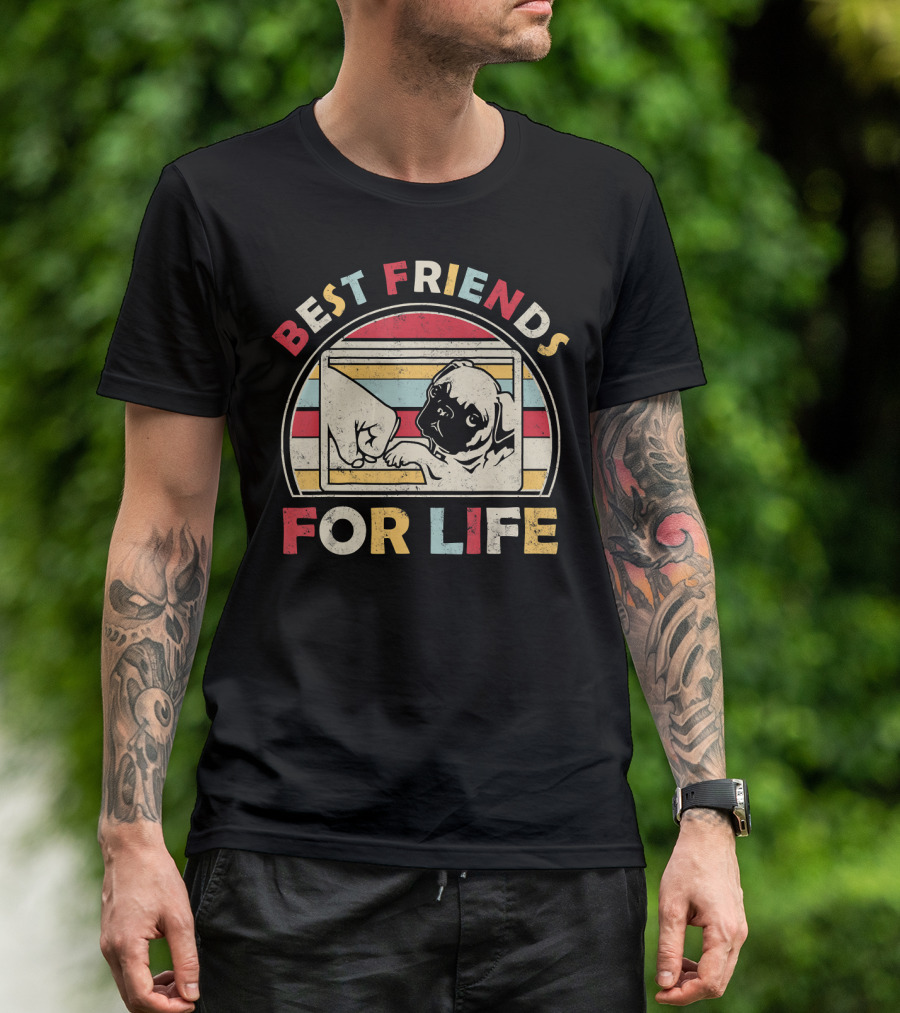 Best Friends For Life Pug Fist Bump Retro Vintage Stripes T-Shirt