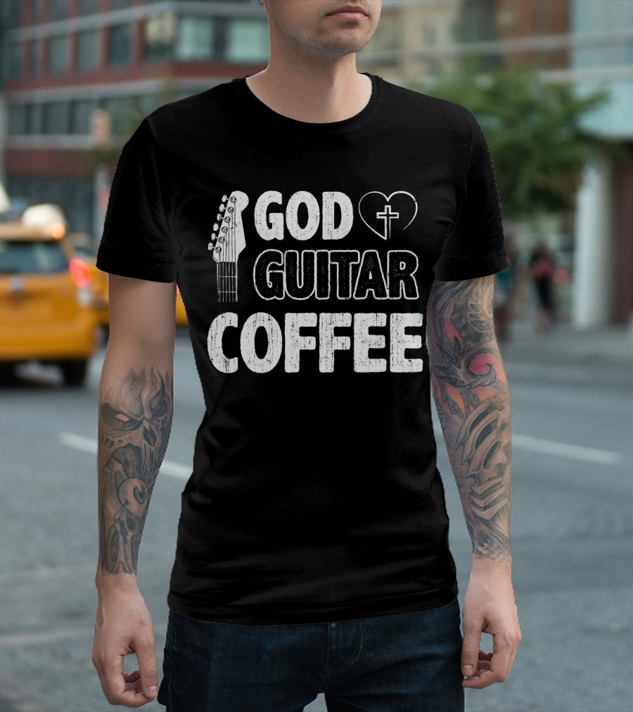 God Guitar Coffee Heart Cross Faith Christian Music T-Shirt