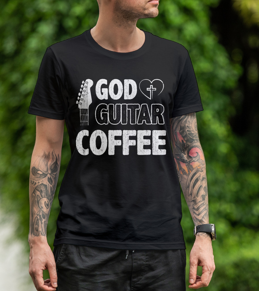 God Guitar Coffee Heart Cross Faith Christian Music T-Shirt