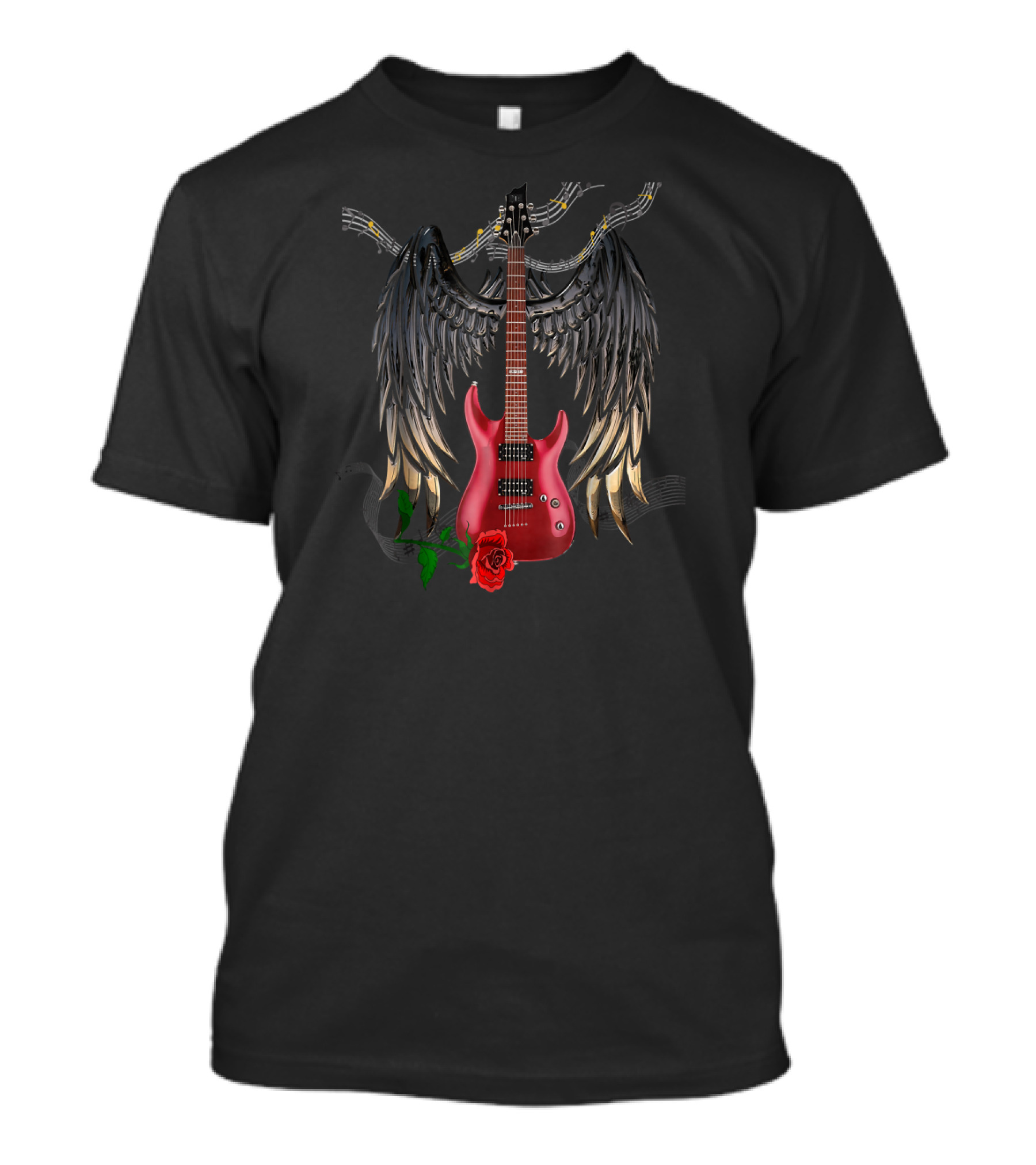 Guitar Angel Wings Love Peace Music Notes Rose T-Shirt