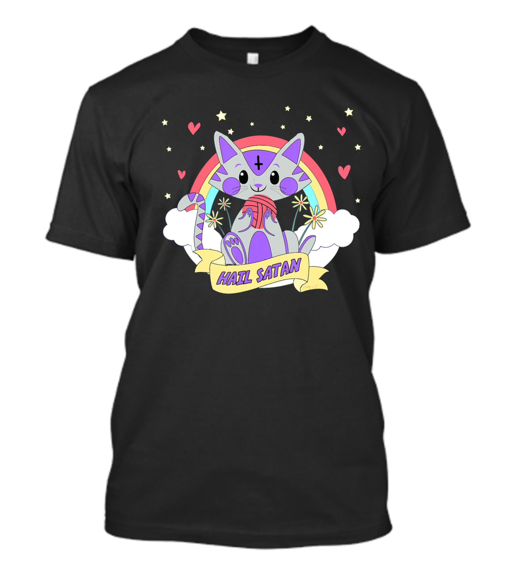 Hail Satan Cat Rainbow Stars Hearts Clouds T-Shirt
