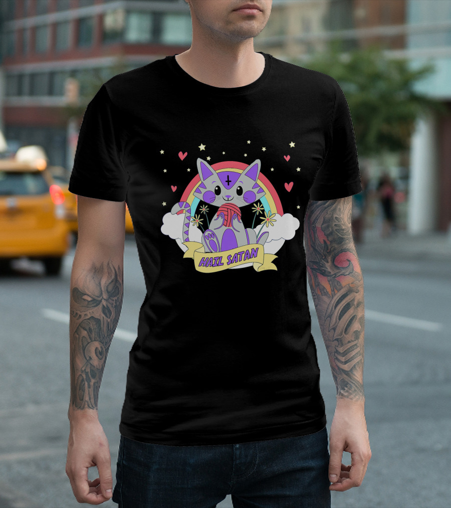 Hail Satan Cat Rainbow Stars Hearts Clouds T-Shirt