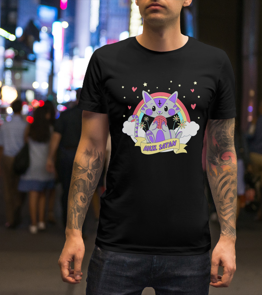 Hail Satan Cat Rainbow Stars Hearts Clouds T-Shirt
