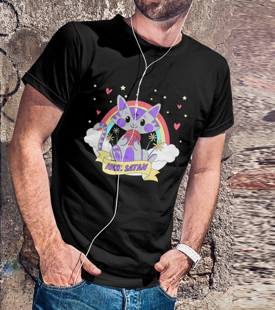 Hail Satan Cat Rainbow Stars Hearts Clouds T-Shirt