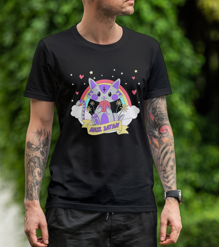 Hail Satan Cat Rainbow Stars Hearts Clouds T-Shirt