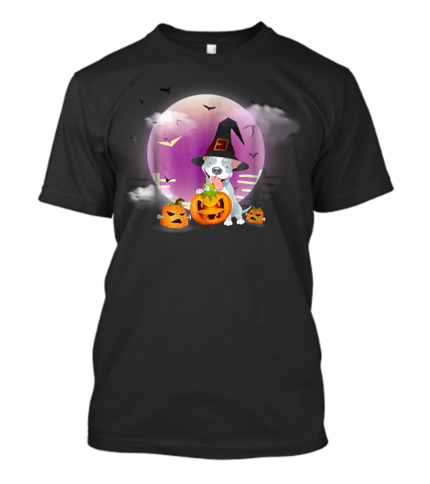 Halloween Pitbull Funny Witch Hat Pumpkins Moon Bats T-Shirt