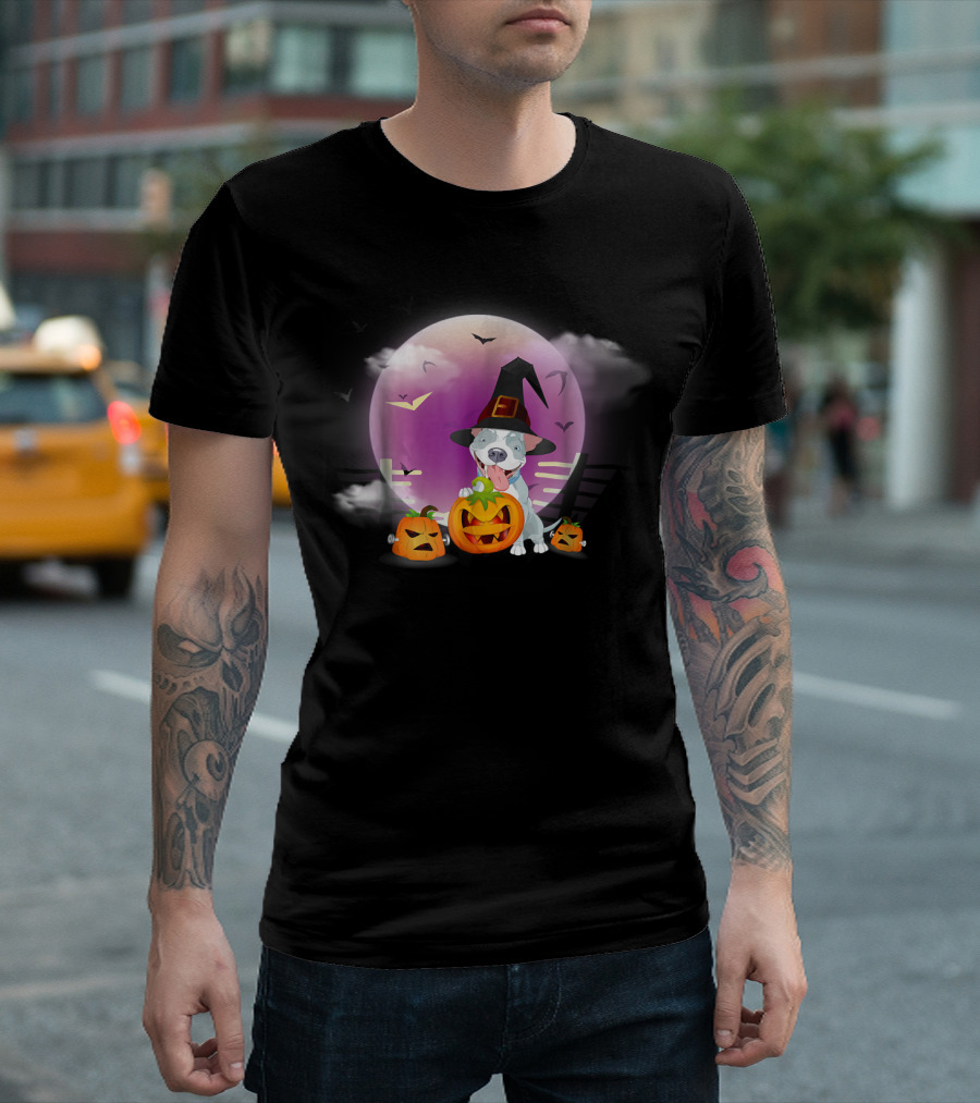 Halloween Pitbull Funny Witch Hat Pumpkins Moon Bats T-Shirt