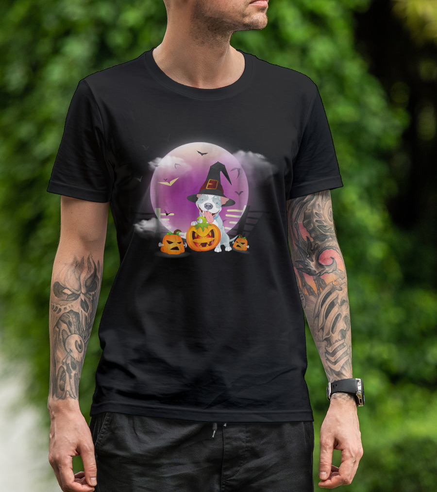 Halloween Pitbull Funny Witch Hat Pumpkins Moon Bats T-Shirt