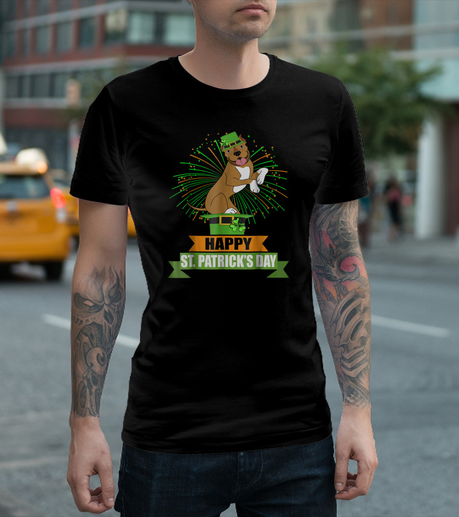 Happy St. Patrick's Day Irish Pitbull with Clover Hat and Fireworks T-Shirt
