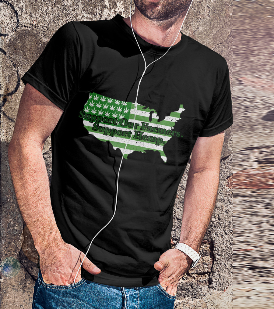 Support Our Farmers Support Hemp USA Map With Cannabis Leaves And Stripes T-Shirt