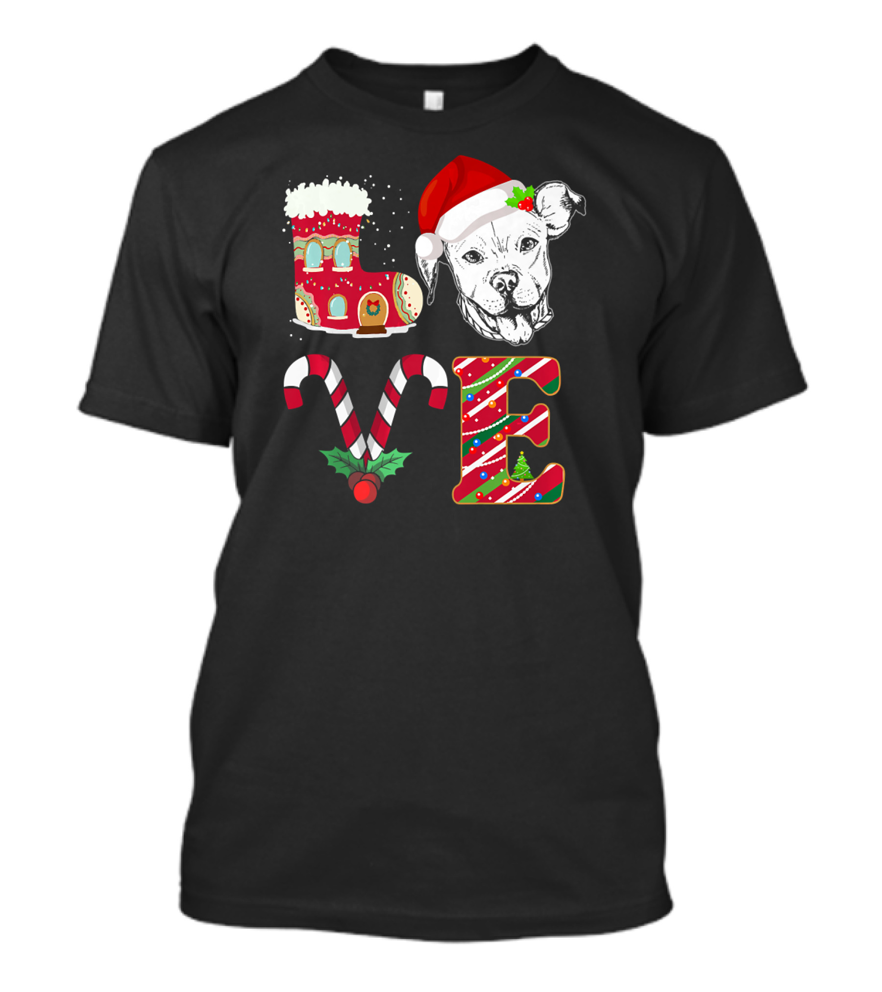 Christmas Pitbull Love Candy Cane Gingerbread Santa Hat T-Shirt