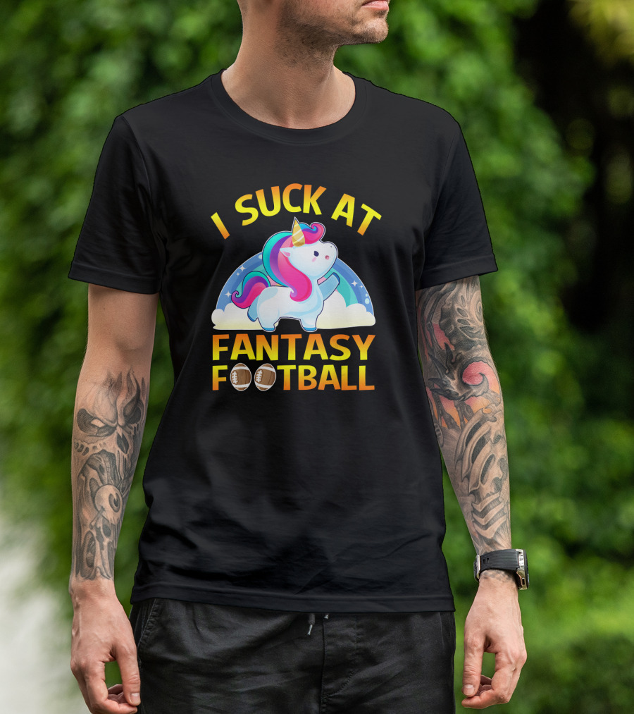 I Suck At Fantasy Football Unicorn With Footballs And Rainbow T-Shirt