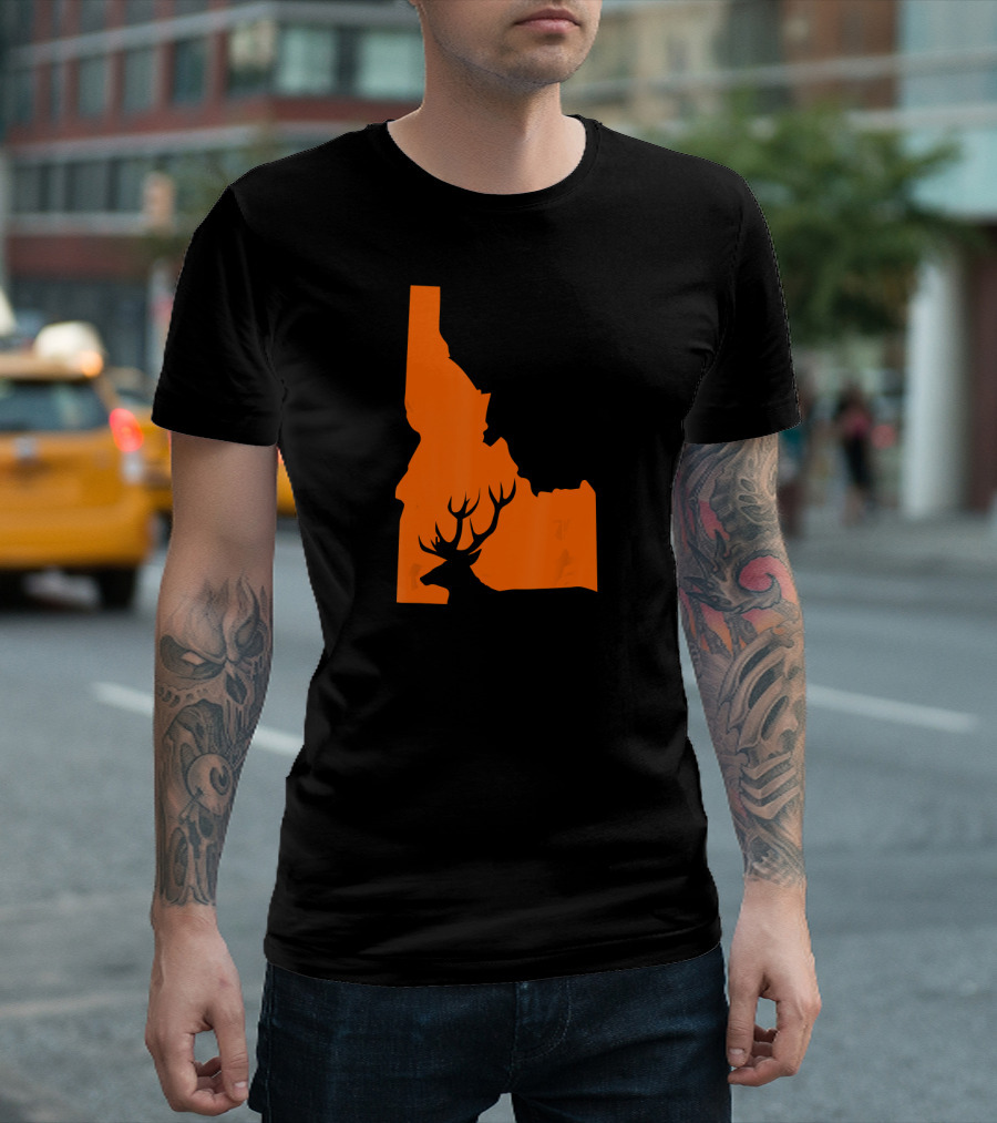 Idaho Deer Hunt Hunting Hunter Silhouette Orange State Map T-Shirt