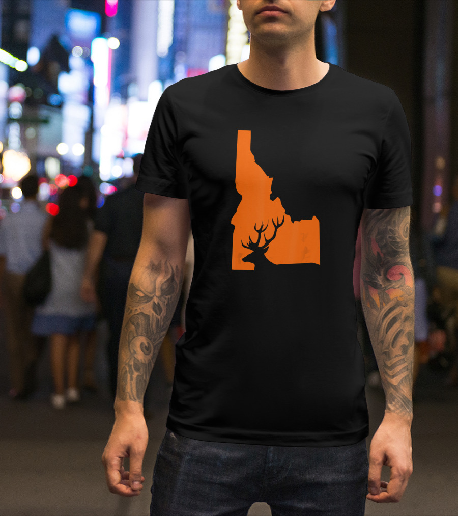 Idaho Deer Hunt Hunting Hunter Silhouette Orange State Map T-Shirt