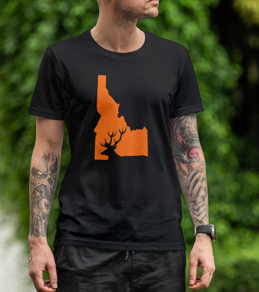 Idaho Deer Hunt Hunting Hunter Silhouette Orange State Map T-Shirt