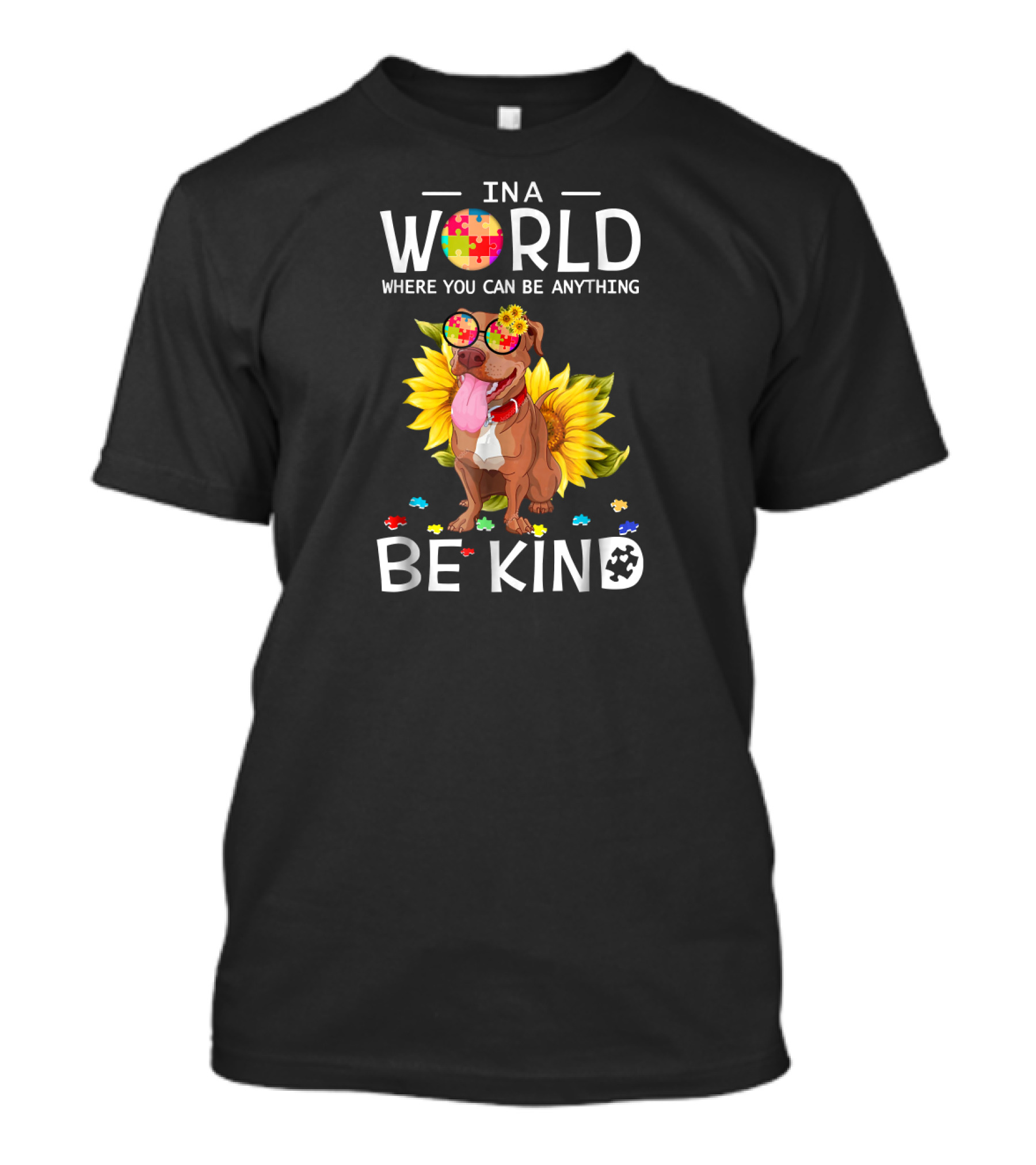 In A World Where You Can Be Anything Be Kind Sunflower Dog With Puzzle Glasses T-Shirt