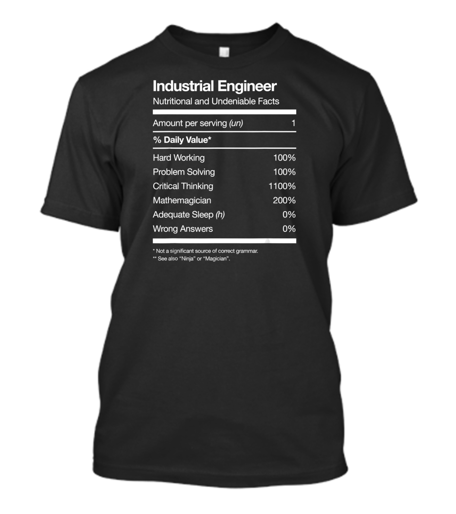 Industrial Engineer Nutritional And Undeniable Facts Amount Per Serving Hard Working Problem Solving Critical Thinking Mathemagician Adequate Sleep Wrong Answers T-Shirt