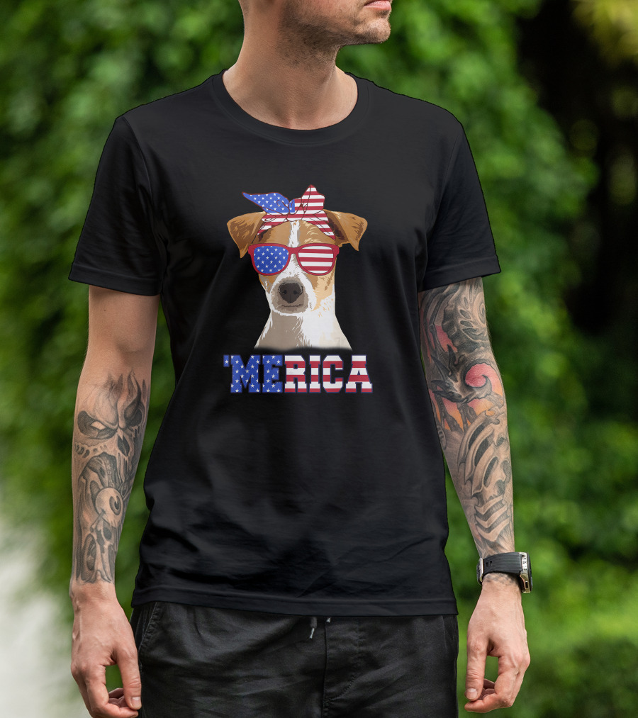 Jack Russell Dog Mom 'Merica American Flag Bow And Sunglasses T-Shirt