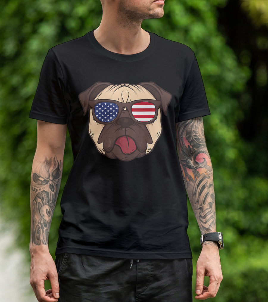 July 4th Pug With American Flag Sunglasses T-Shirt