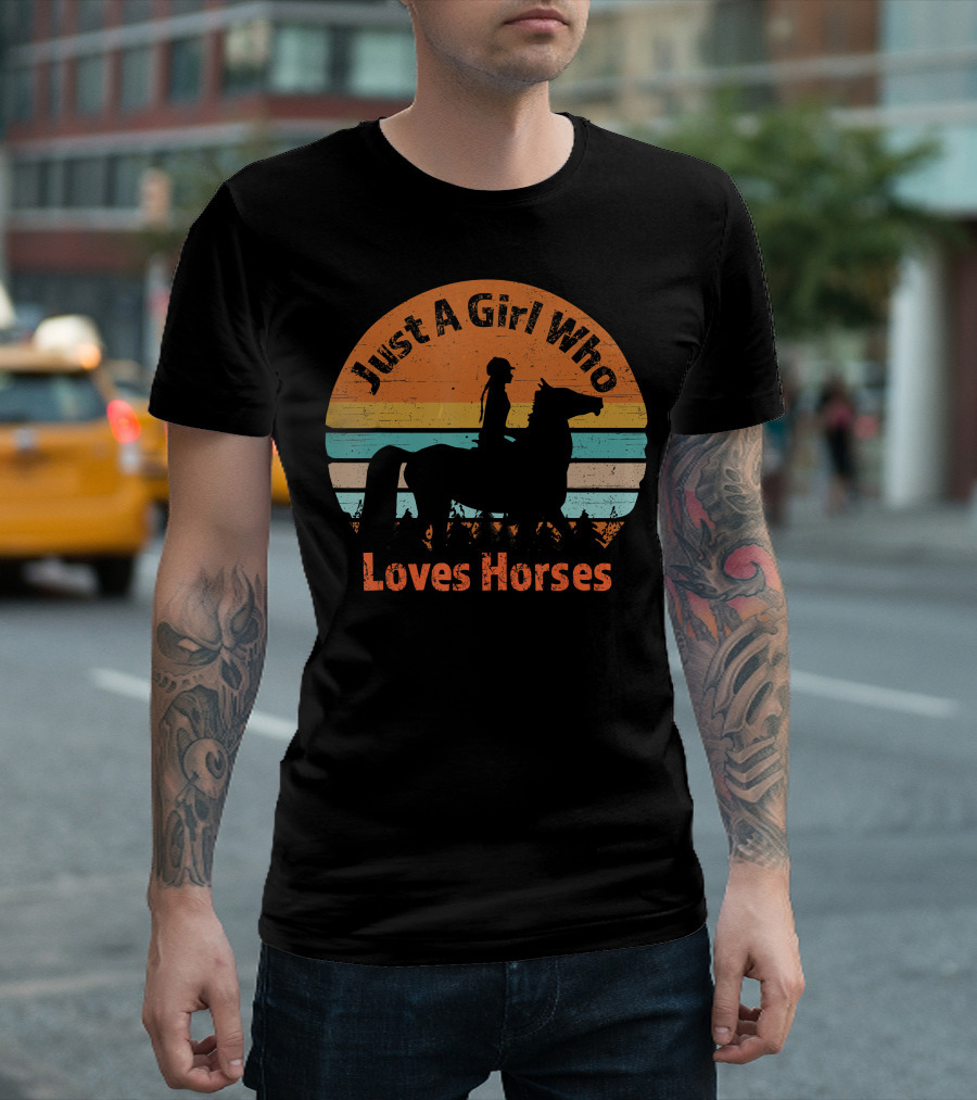 Just A Girl Who Loves Horses Riding Silhouette Retro Sunset T-Shirt