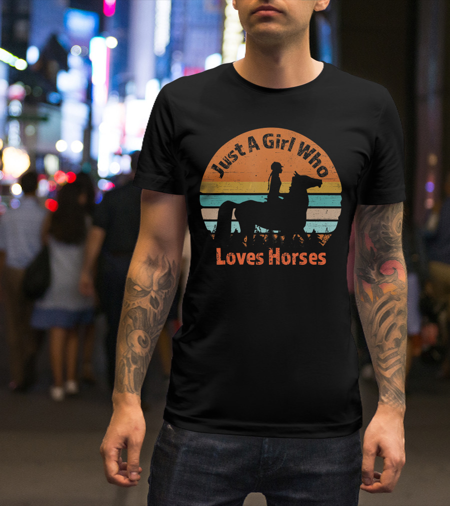 Just A Girl Who Loves Horses Riding Silhouette Retro Sunset T-Shirt