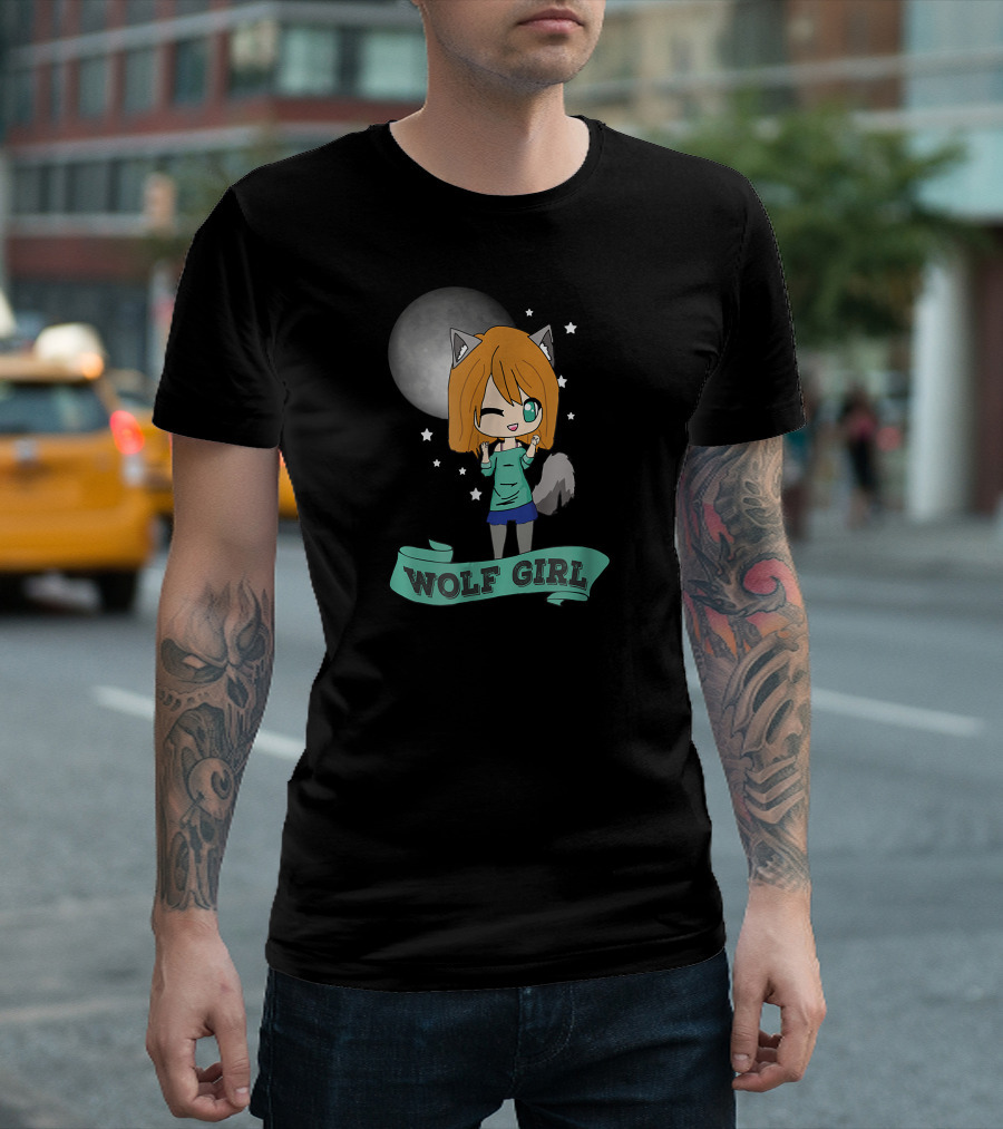 Kawaii Cute Wolf Girl Anime Chibi Under Moon with Stars T-Shirt