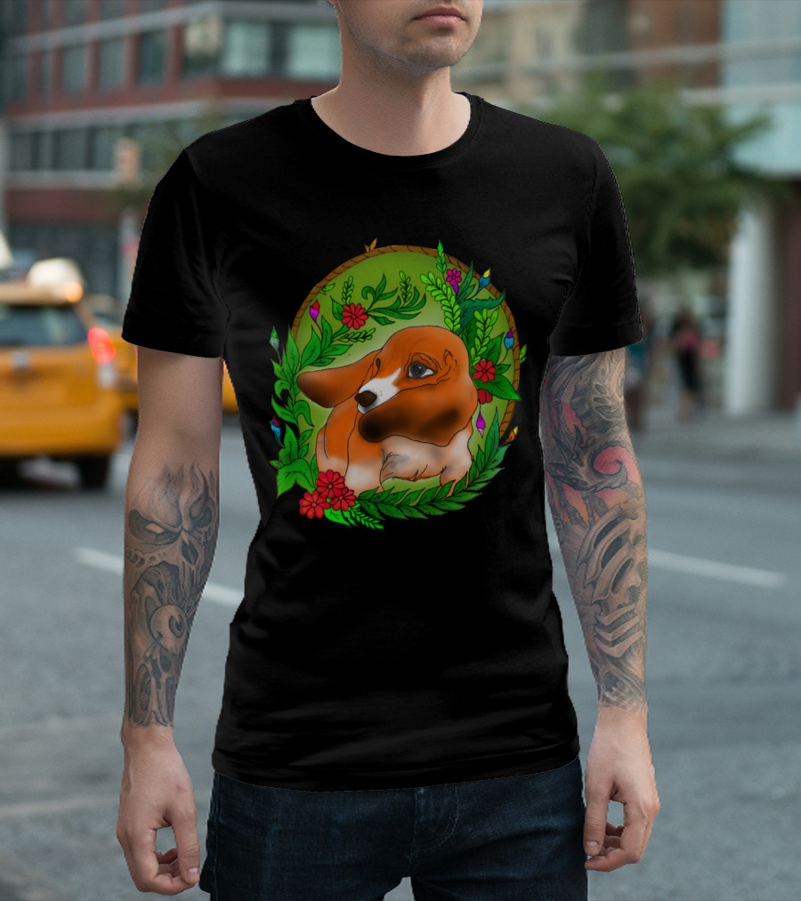 Dog Surrounded by Vibrant Blossoms and Greenery T-Shirt
