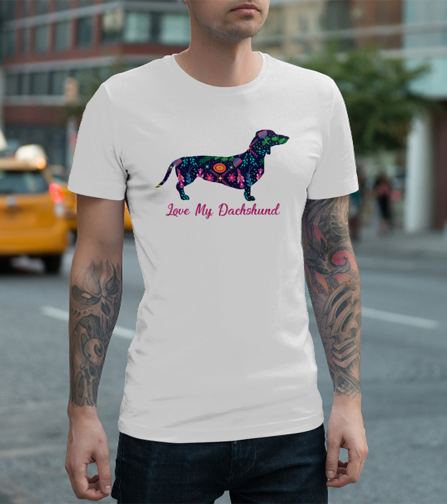 Bright Floral Dachshund Silhouette - Love My Dachshund T-Shirt