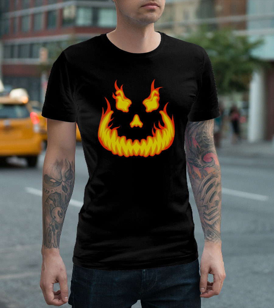 Fiery Pumpkin Evil Smile Scary Jack O'Lantern Face T-Shirt